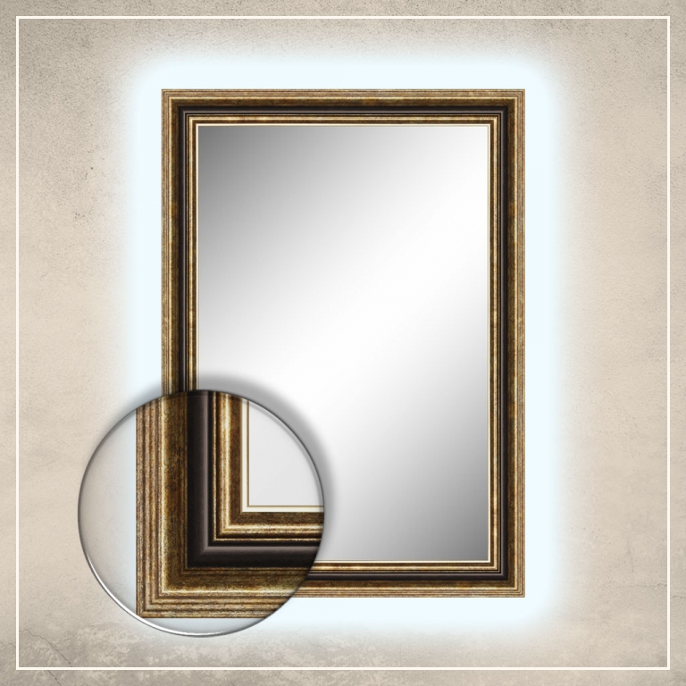 LED taustavalgusega peegel Nevin kuldse/pruuni raamiga
