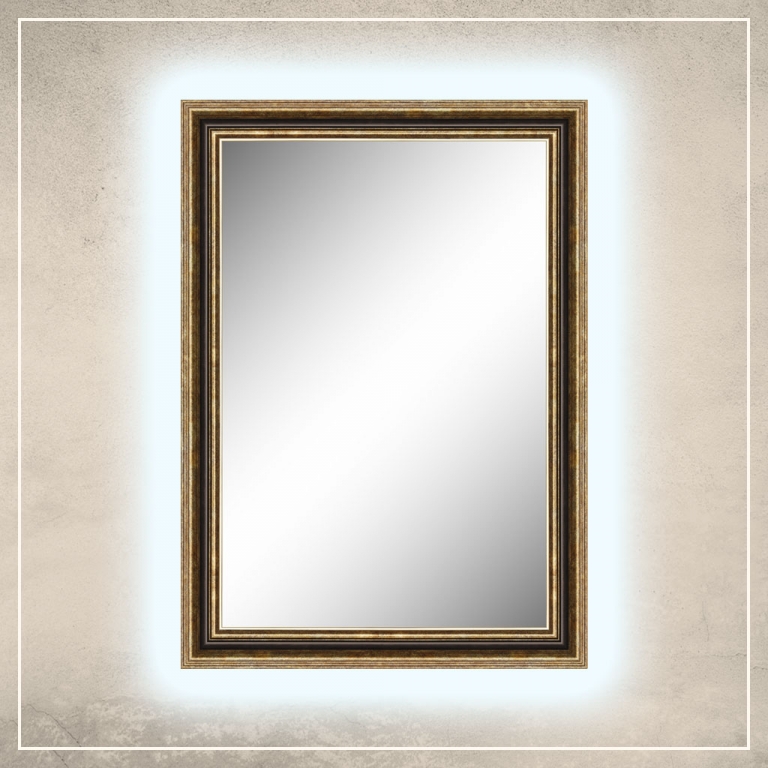 LED taustavalgusega peegel Nevin kuldse/pruuni raamiga